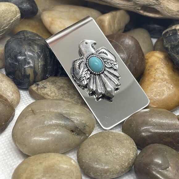 THUNDERBIRD Native American Money Clip Stainless Steel UNIQUE T-Bird Turquoise - Picture 2 of 11